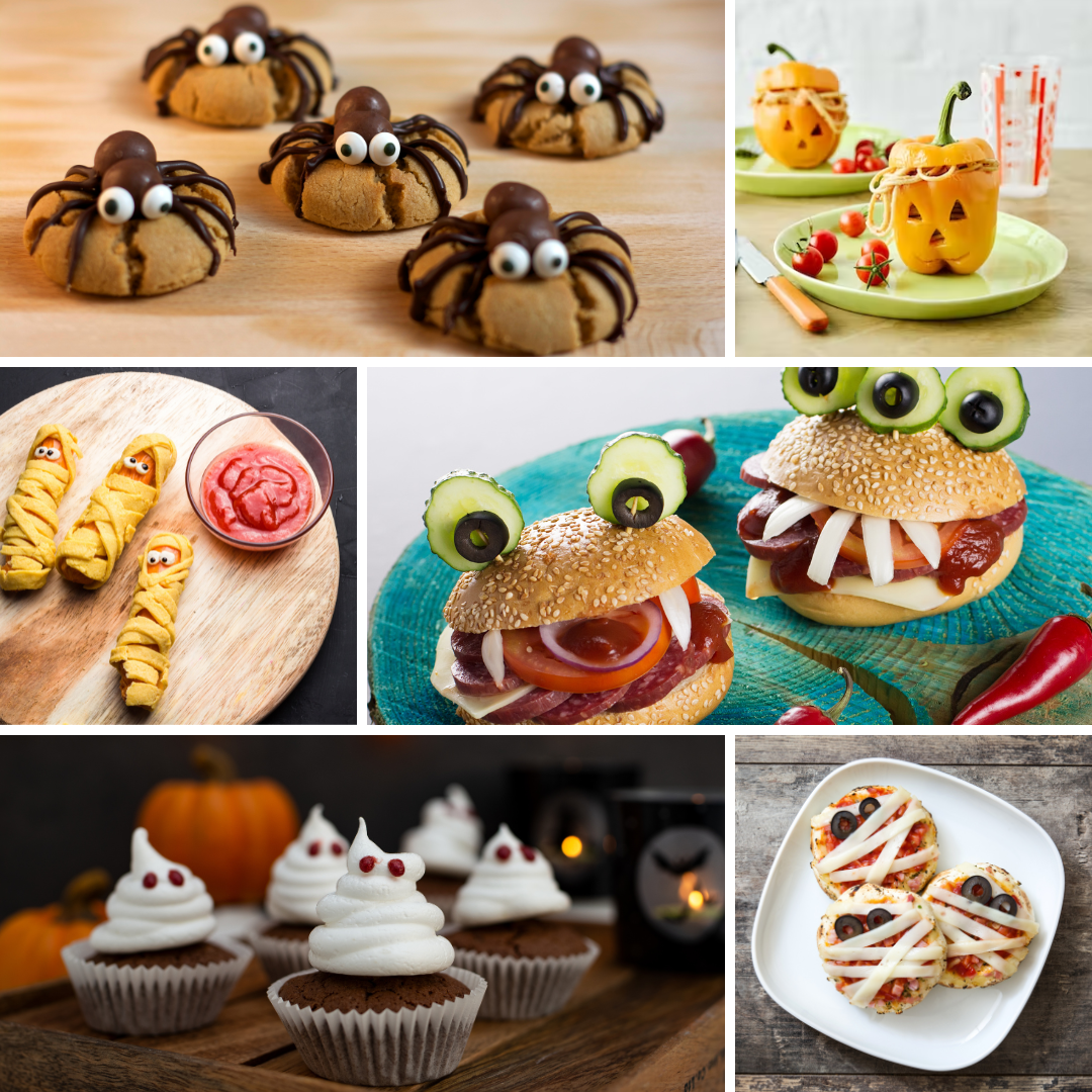 A collage of images showing cookies with chocolate spiders on top; orange sweet pepper with a spaghetti filling; mummy hotdogs wrapped in cheese; monster burgers; ghost cupcakes and mummy pizzas.